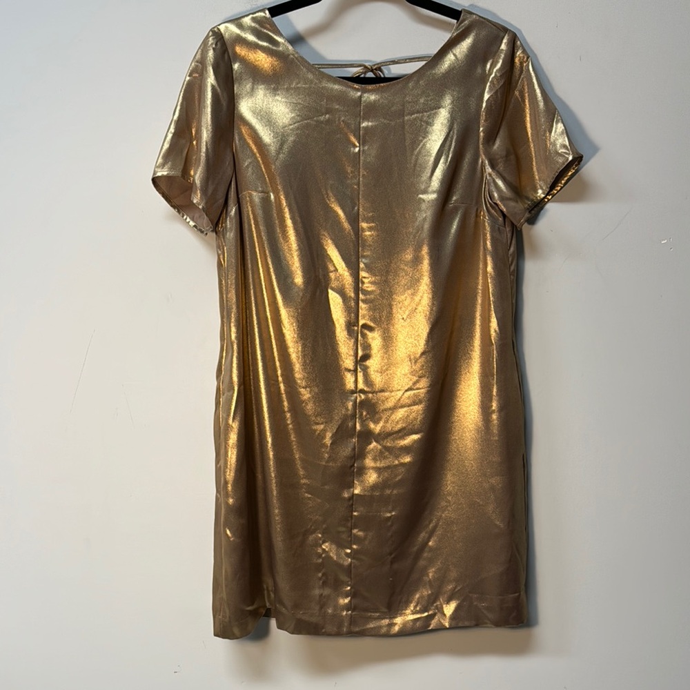 CeCe Gold Metallic Dress Short Sleeve Slinky Flowy Sexy Mini Dress round neck